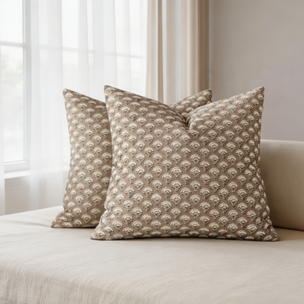Set of 2 Light Taupe Floral Print Cotton Pillow Covers 18x18