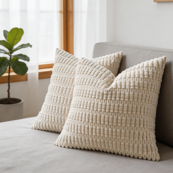 Set of 2 Cream White Corduroy Striped Pillow Covers 18x18