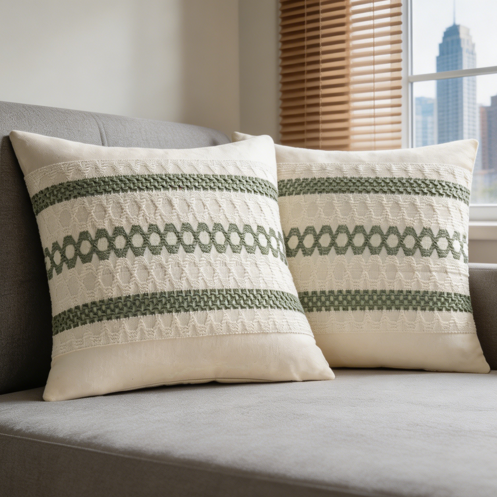 Set of 2 Sage Green Boho Macrame Cotton Pillow Covers 18x18