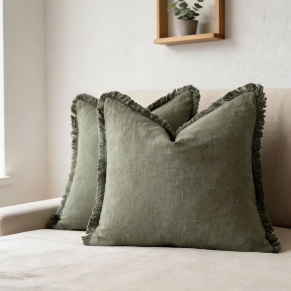 Set of 2 Olive Green Linen Fringe Throw Pillow Covers 18x18