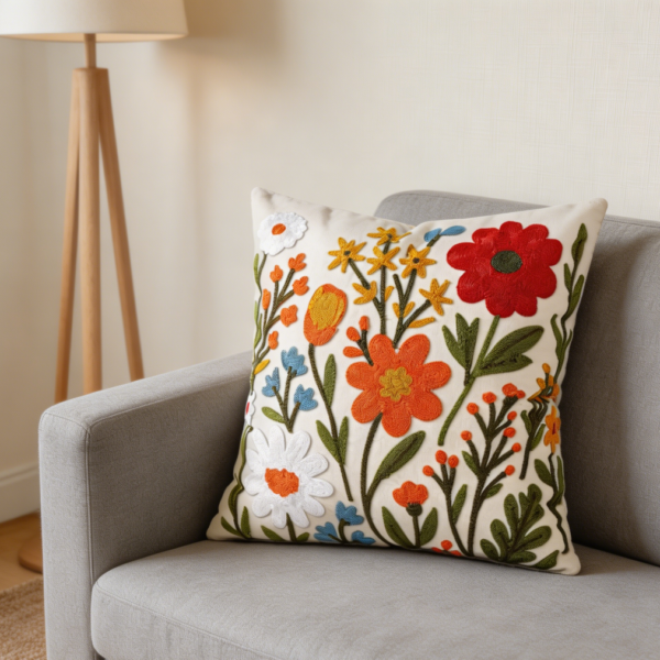 Embroidered Flower Cluster Throw Pillow Cover 18x18