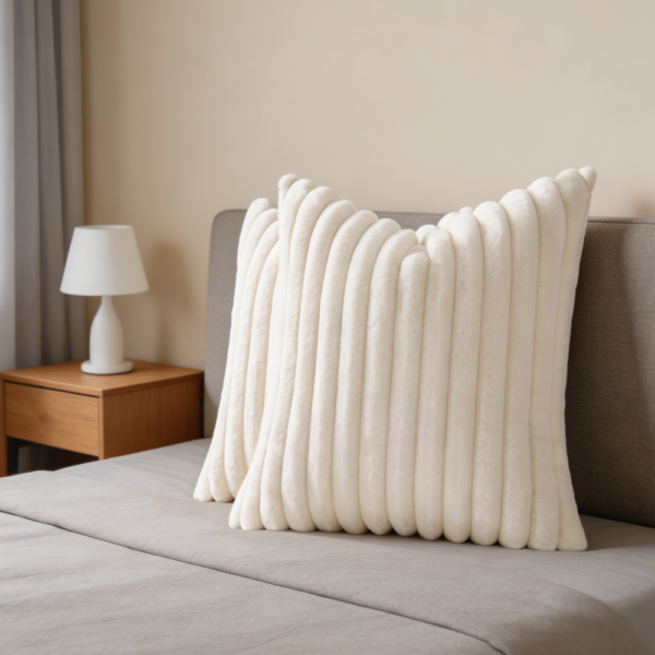 Set of 2 Cream White Faux Fur Striped Plush Pillow Covers 18x18